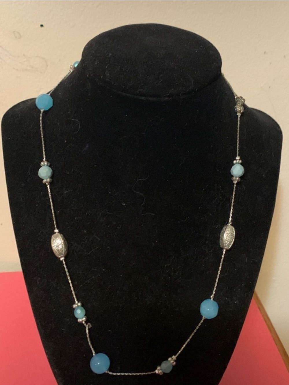 Silver Chain Necklace with Blue Beads